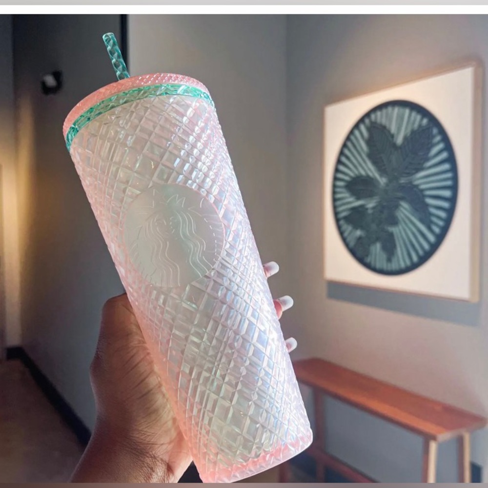Starbucks Pink Green Jeweled Cup Iridescent Pearl Grid Tumbler 24oz Venti NWT
